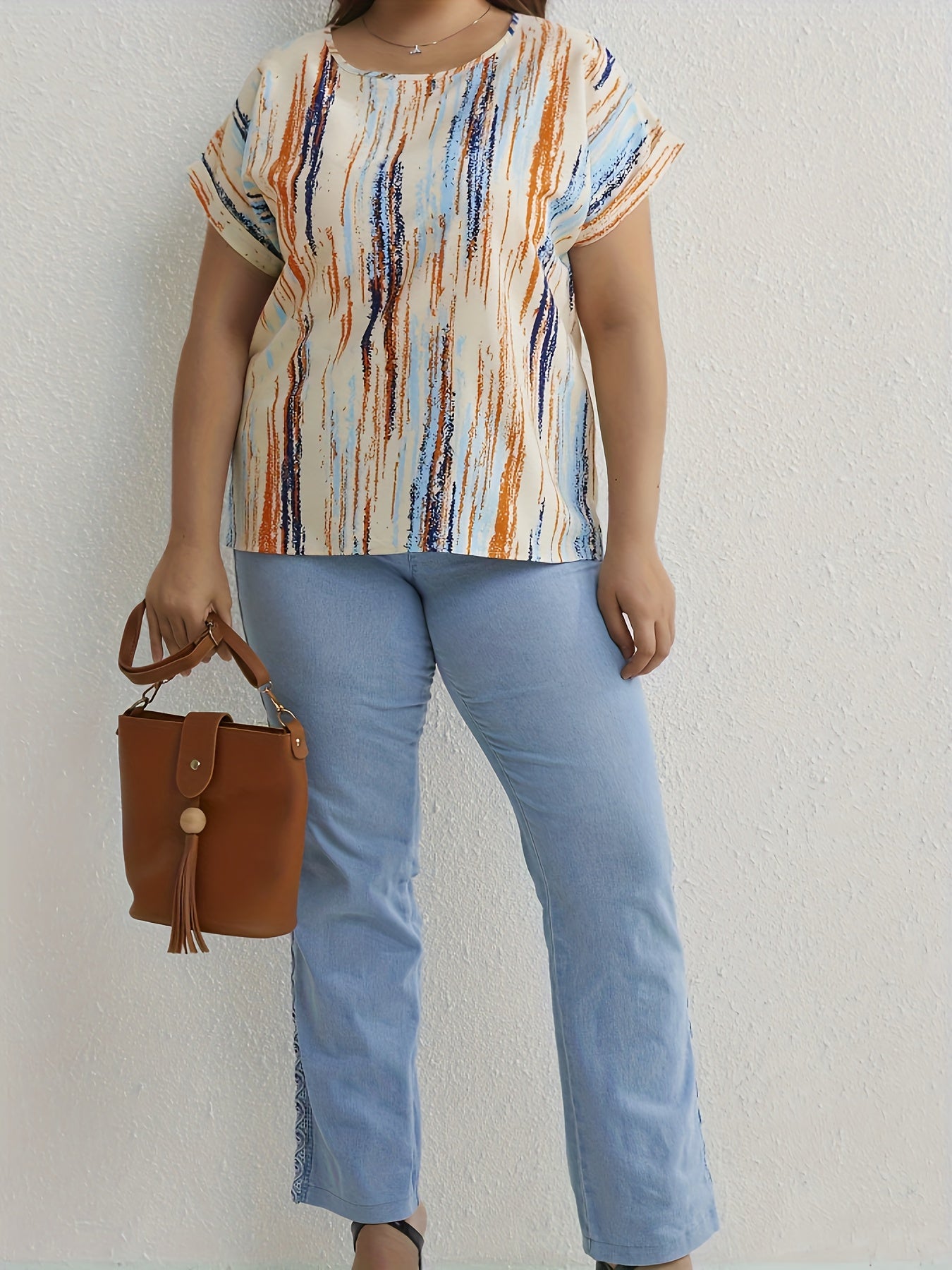 Women's Plus Size Random Print Short Sleeve Blouse