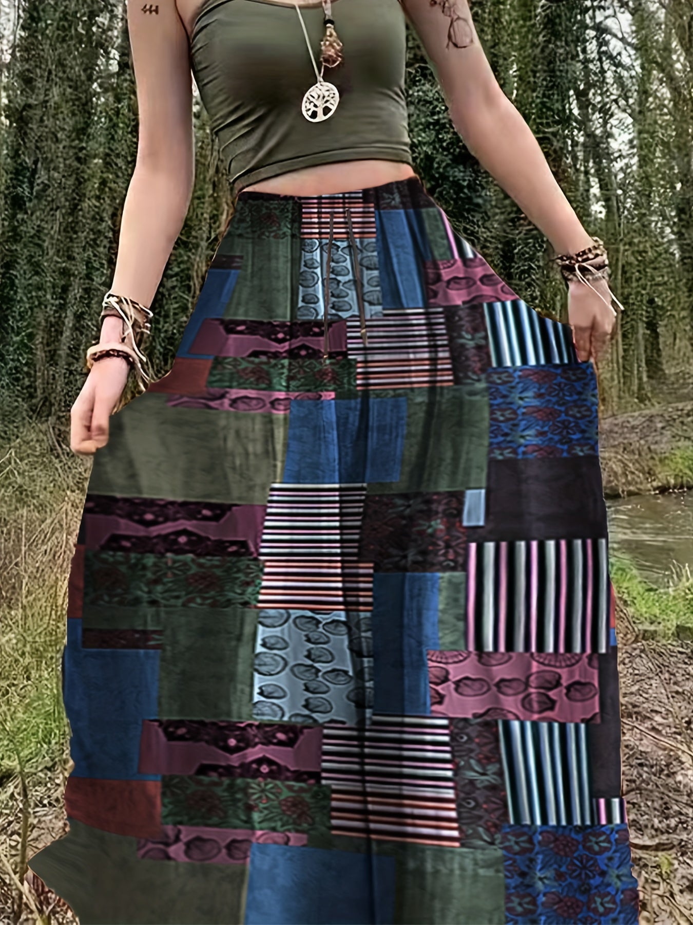 Hippie Patchwork Print Drawstring Skirt Boho Skirt Spring Summer Women's