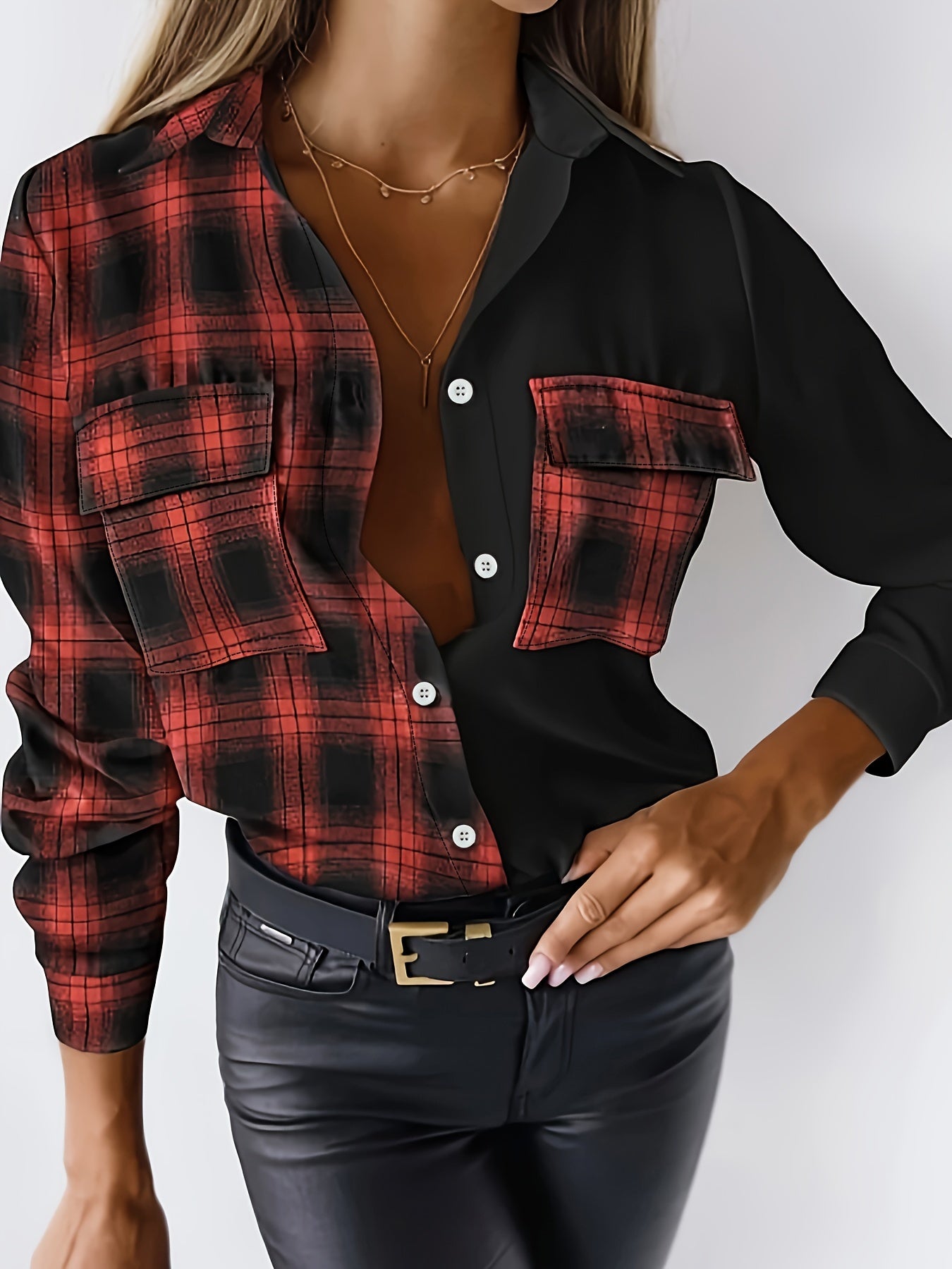  Colorblock Plaid Print Button-Up Blouse