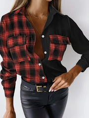 Colorblock Plaid Print Button-Up Blouse