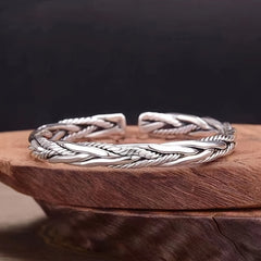 Vintage Silver Braided C-shaped Opening Bracelet, Adjustable
