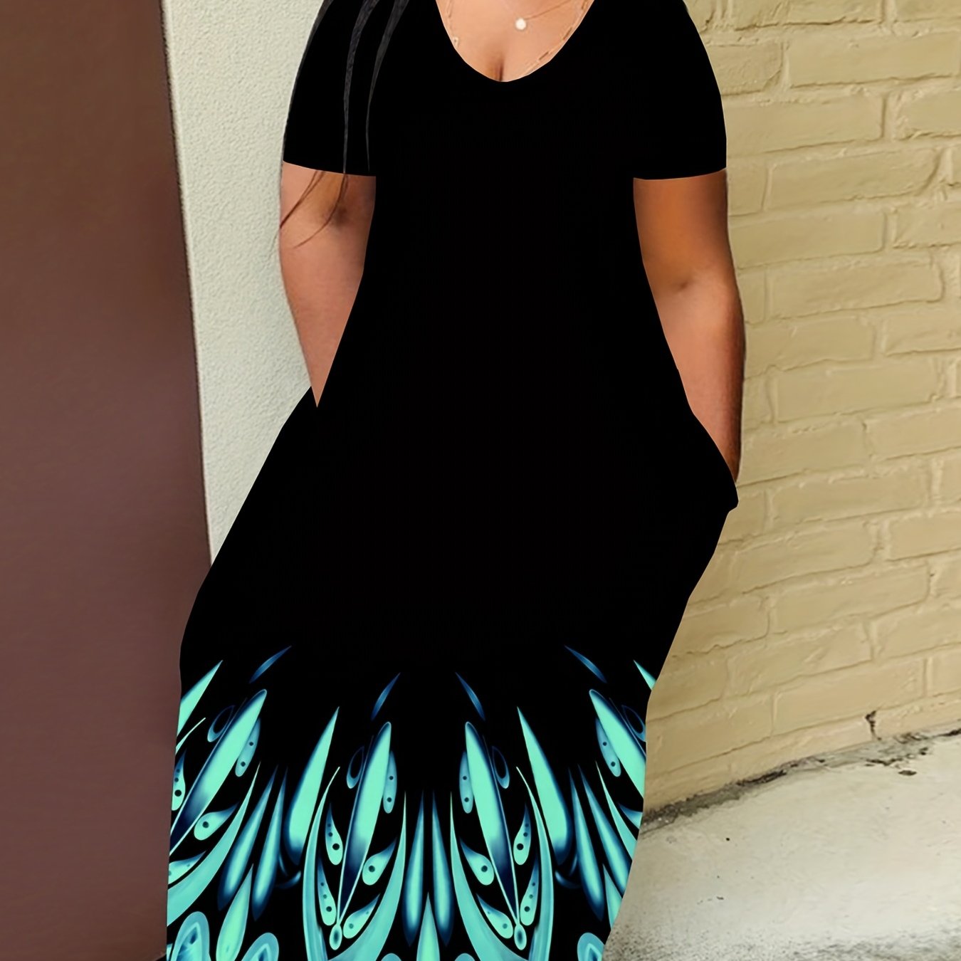  Feather Print Maxi Dress With Pockets