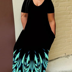  Feather Print Maxi Dress With Pockets