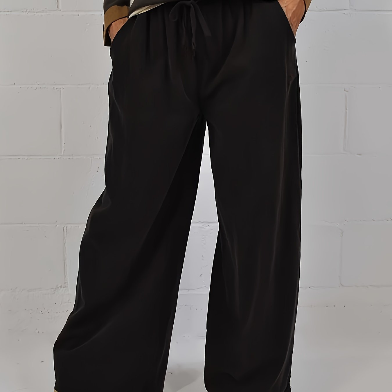  Solid High Rise Wide Leg Trousers With Pockets