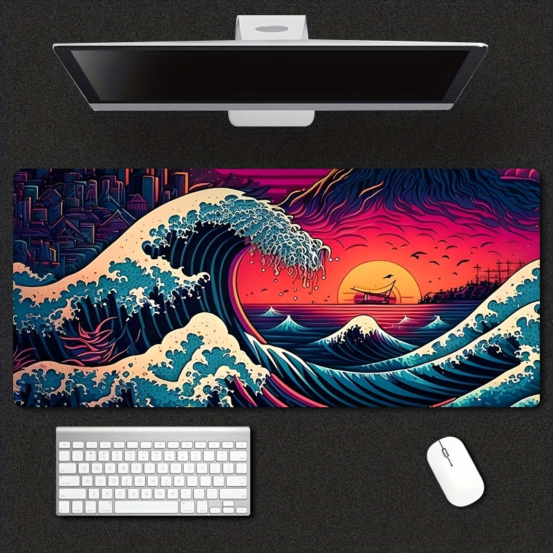Sea Wave Mouse Pad Japanese Pop up Painting Lock Edge Keyboard Pad