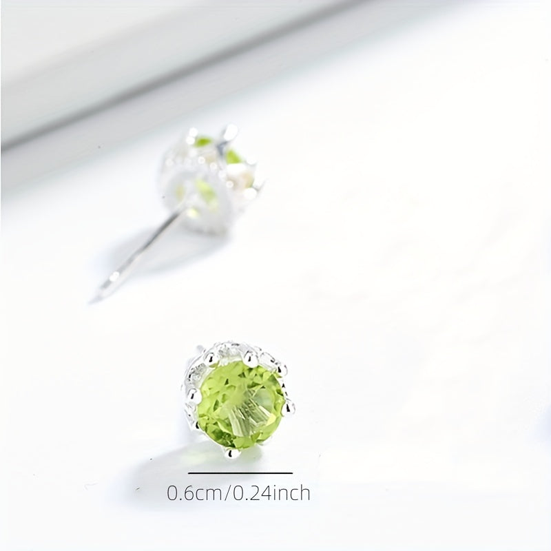 Olive Stone Stud Earrings 925 Silver Green Crystal Ear Jewelry