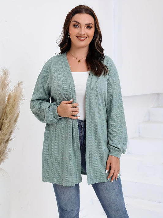  Solid Lantern Sleeve Open Front Stretch Cable Knitted Cardigan