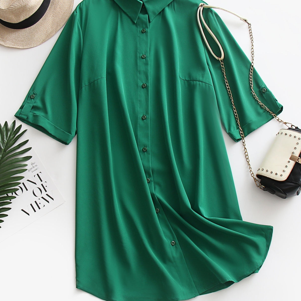  Solid Button Up Shirt Dress