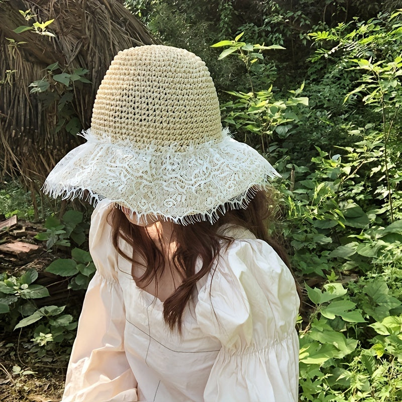 Foldable Lace Sun Hat Wide Brim Hollow Crochet Straw Hat