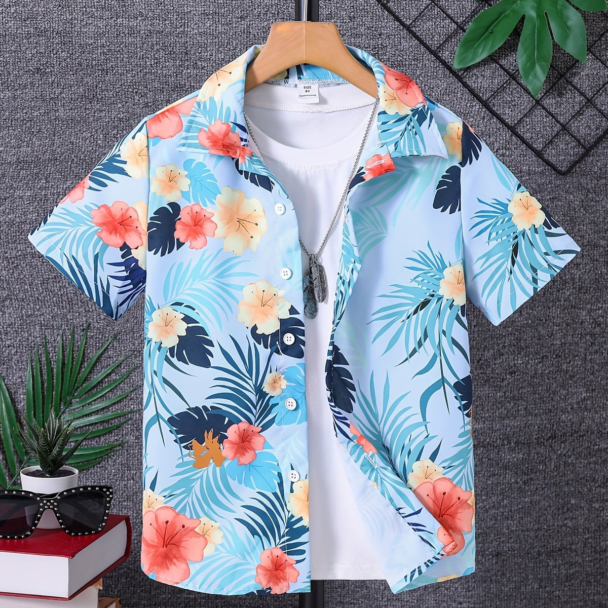 Boys' Hawaiian Shirt Short Sleeve Flower & Leaves Graphic Tee Kids Summer Top
