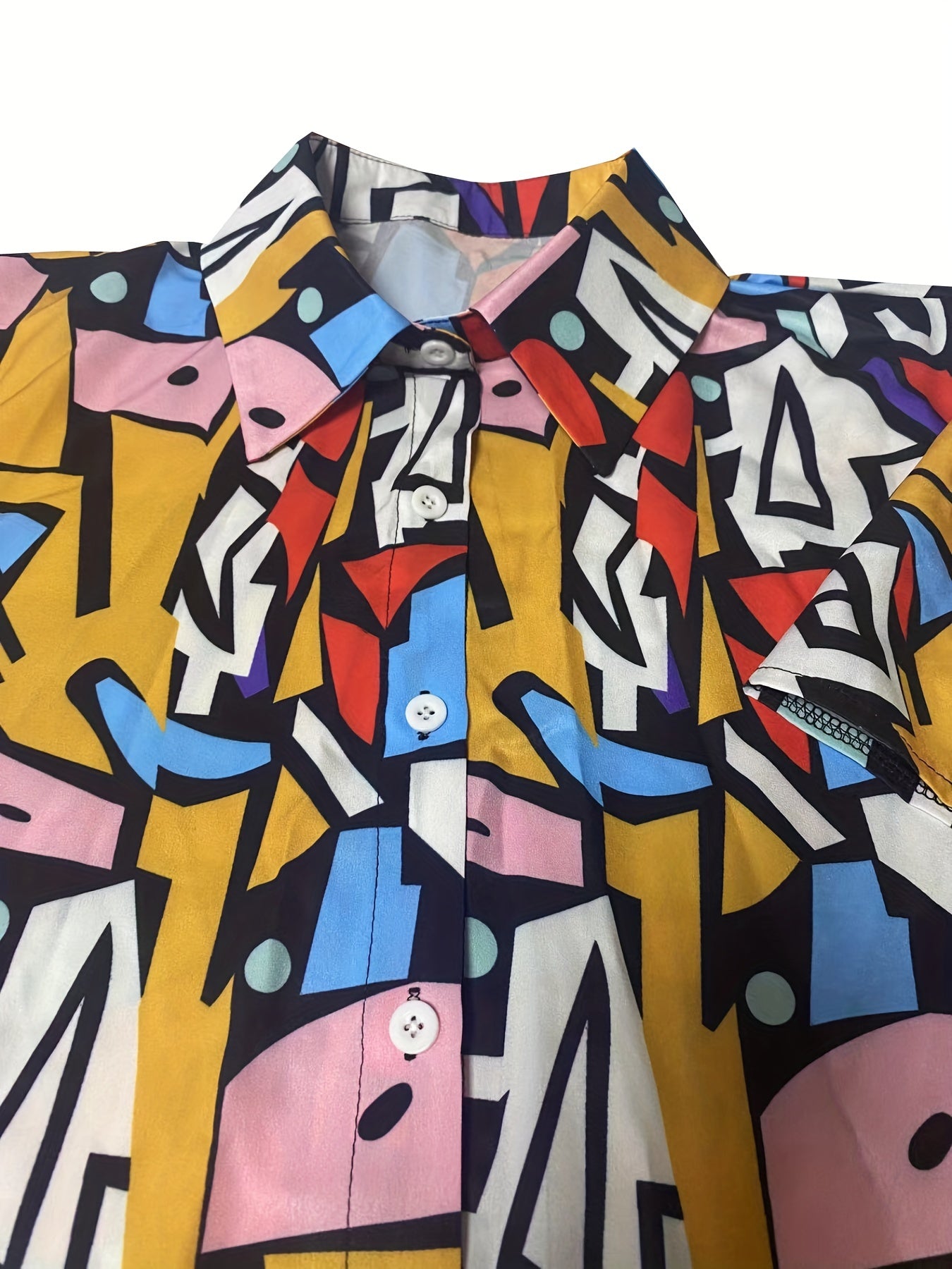  Colorblock Geometric Print Button Up Blouse