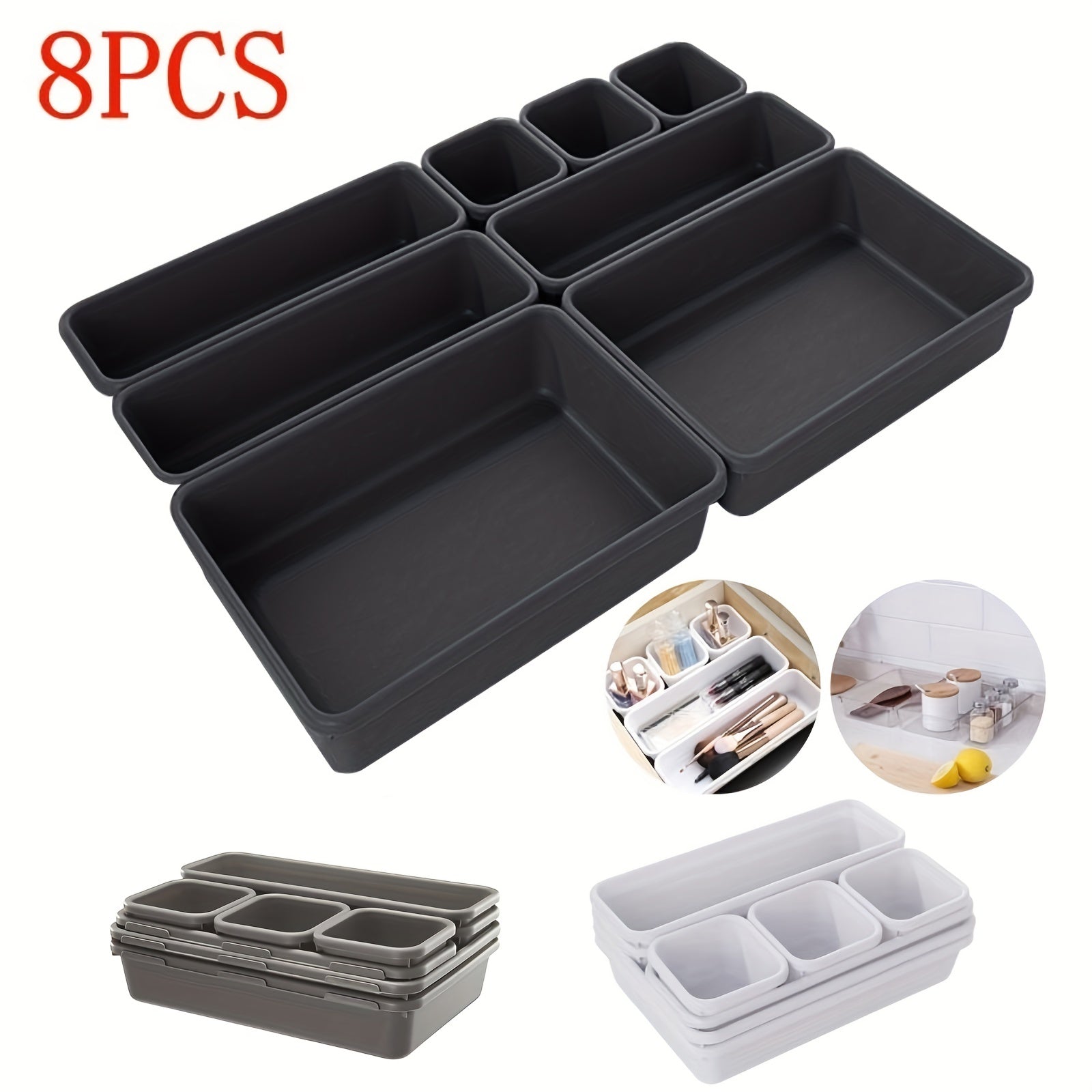 8pcs Drawer Organizer Plastic Storage Box Tableware Container