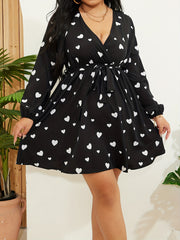  Heart Print Lantern Sleeve Dress With Belt