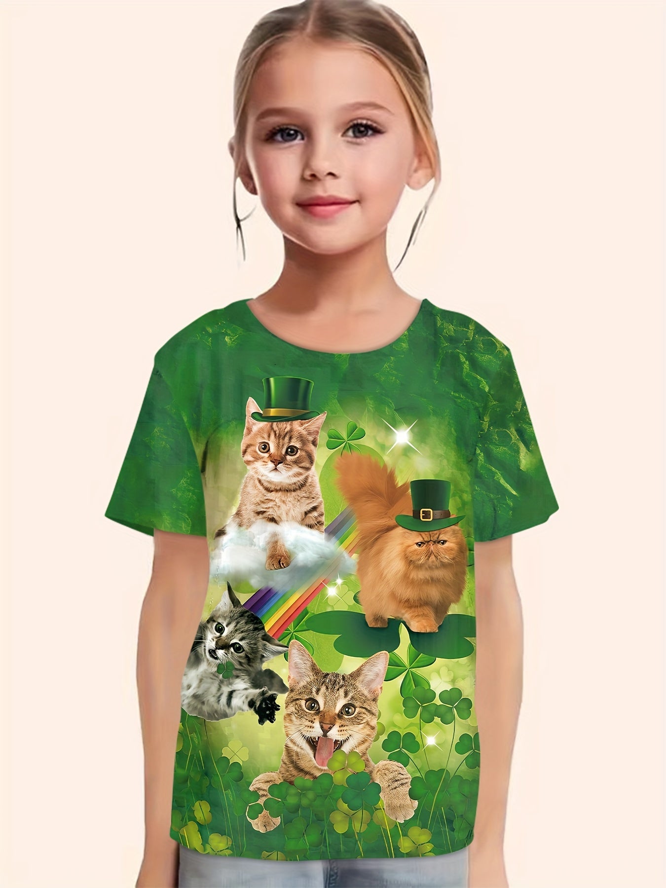 Cat & Shamrock Print Short Sleeved T-Shirt Girls Summer Clothes