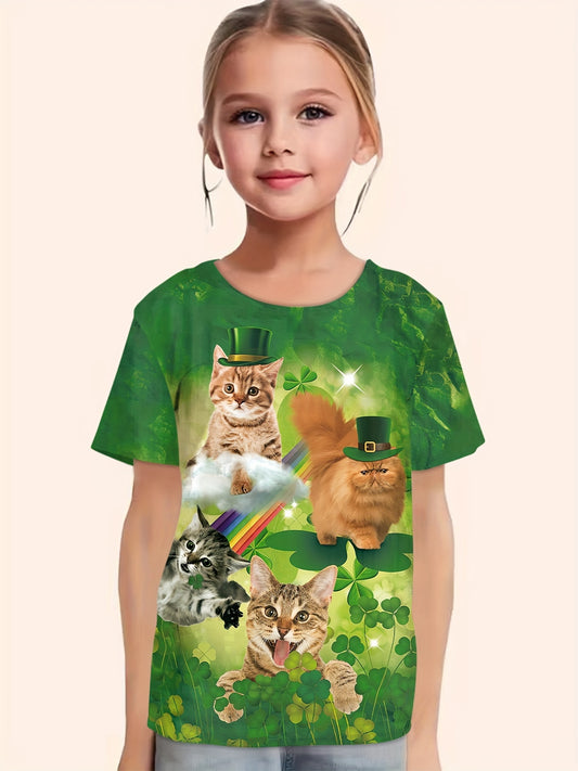 Cat & Shamrock Print Short Sleeved T-Shirt Girls Summer Clothes