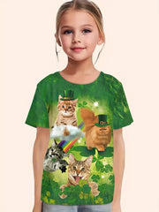 Cat & Shamrock Print Short Sleeved T-Shirt Girls Summer Clothes