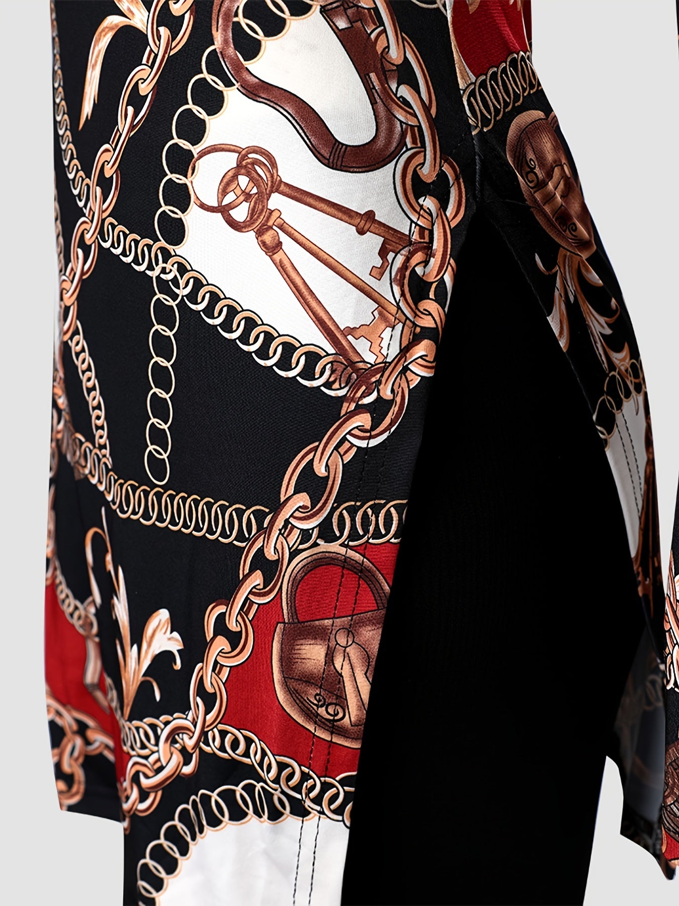Chain Print 2pcs Set Long Sleeve Split T shirt & Solid High Waist Skinny Pants