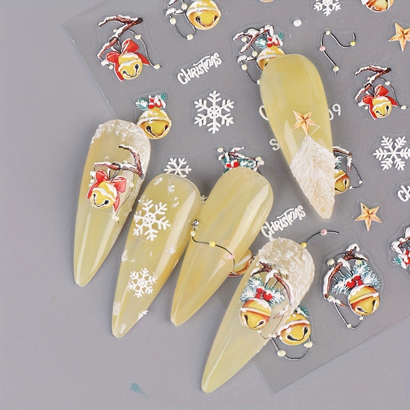 5D Embossed Christmas Nail Art Stickers Snowflake Gloves Feather Bulb Bells