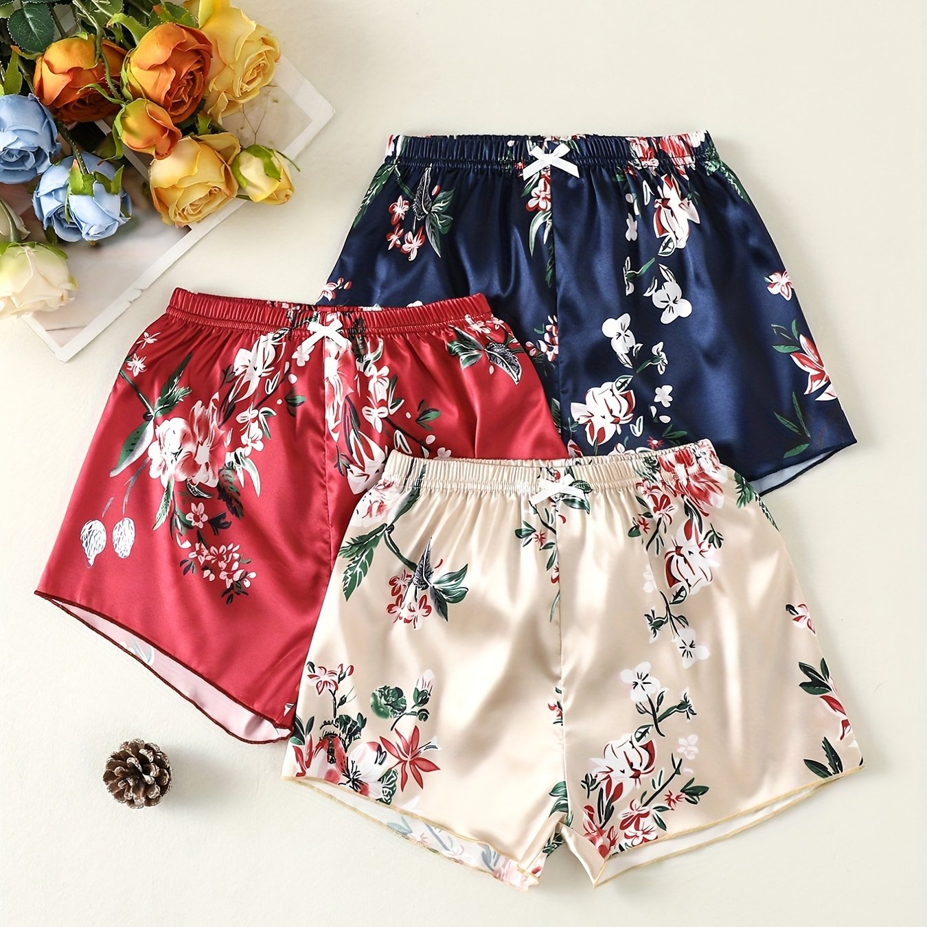 3pcs Girls Random Flower Print Shorts Soft Comfortable Breathable Kids Clothes