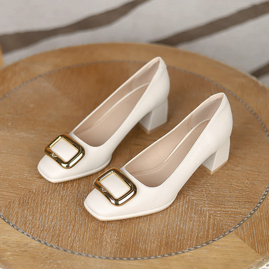 Women's Square Metal Decor Chunky Low Heels Slip On Pumps