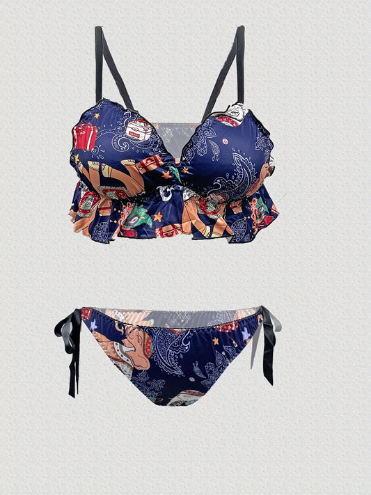  Paisley Print Ruffle Bra & Panty Set
