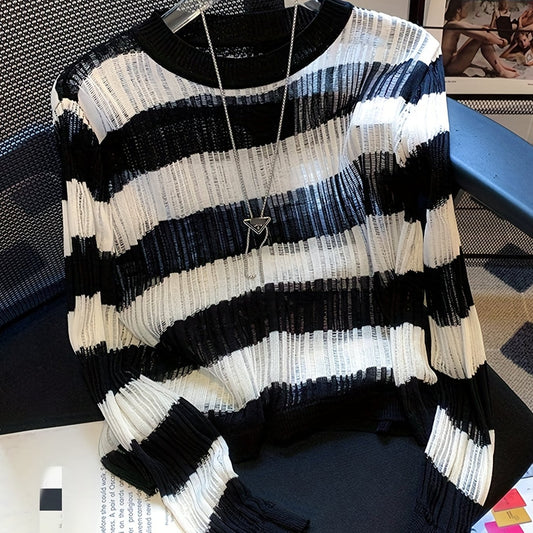 Striped Crew Neck Sweater Long Sleeve for Women's Spring & Fall