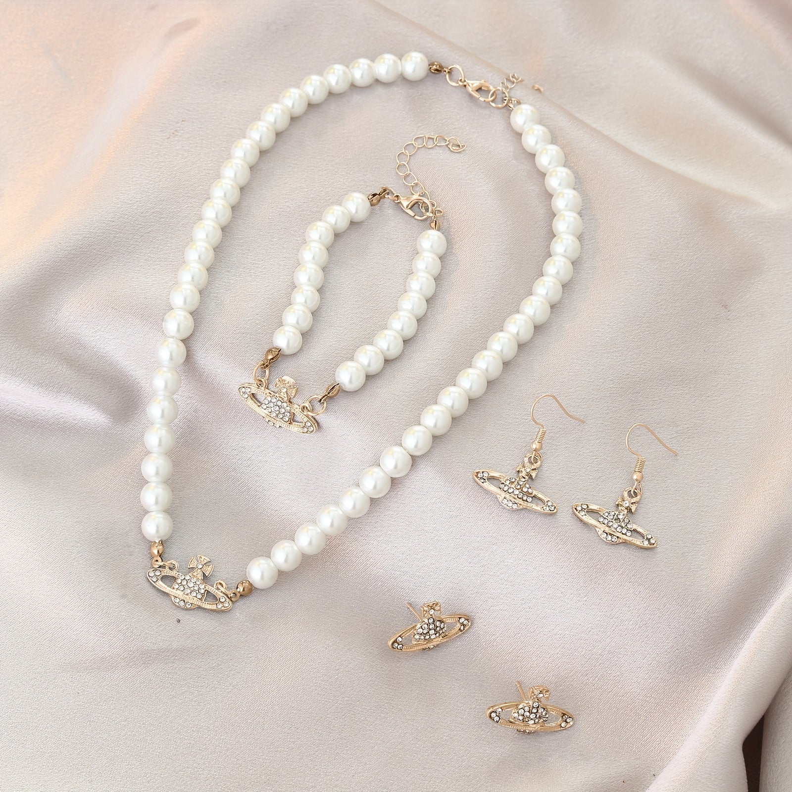 Y2K Faux Pearl Saturn Jewelry Set for Women