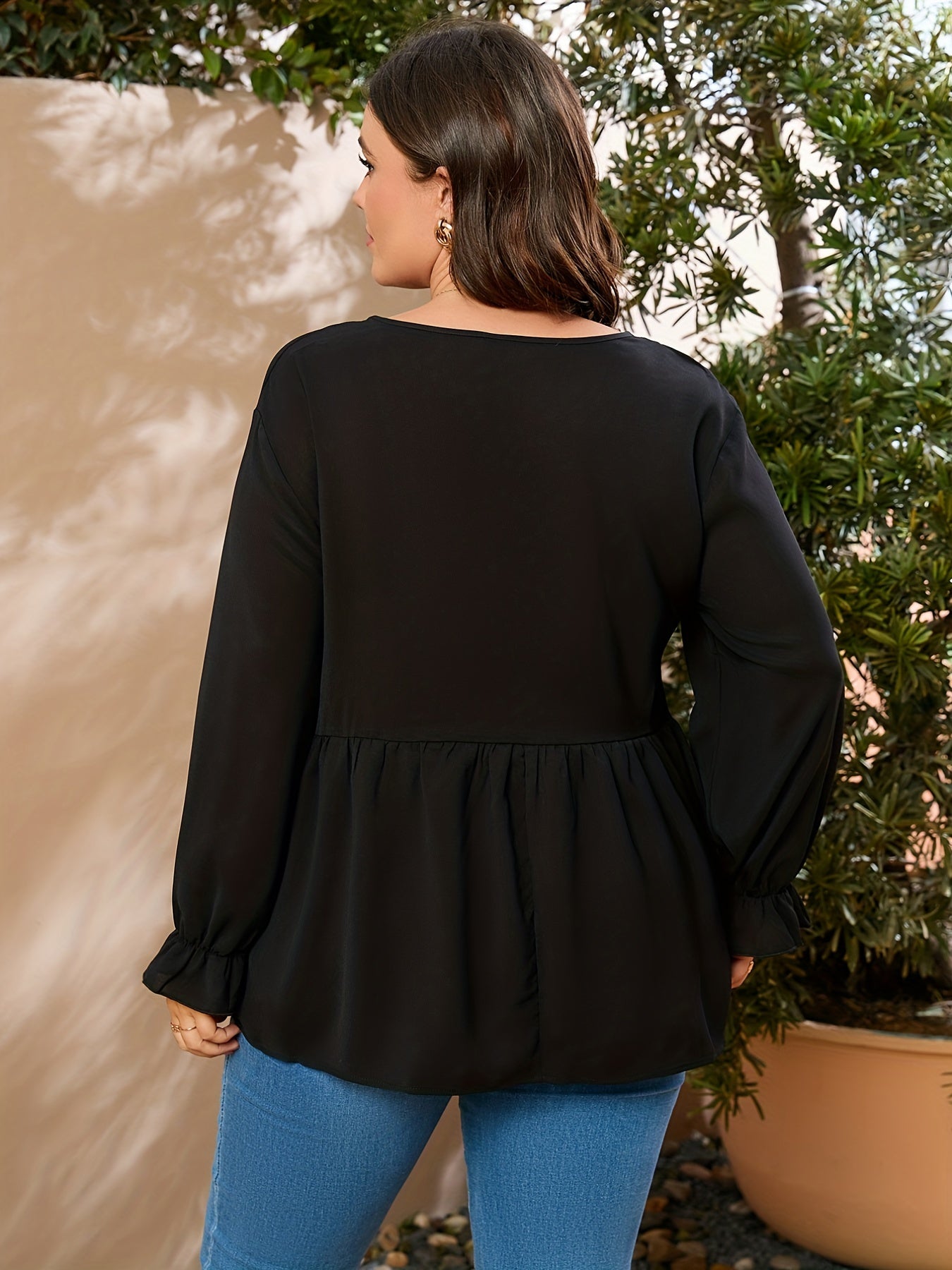  V Neck Ruffle Trim Long Sleeve Blouse