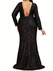  Mermaid Prom Dress Sequins Long Sleeve Contrast Mesh