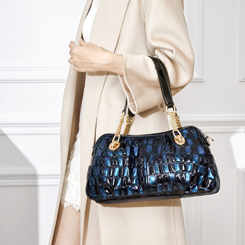 Vintage Crocodile Pattern Shoulder Bag with Detachable Strap