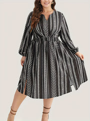 Geometric Print Long Sleeve Plus Size Boho Dress with Pockets