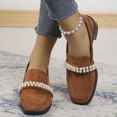 Retro Pearl Loafers Chunky Heel Shoes