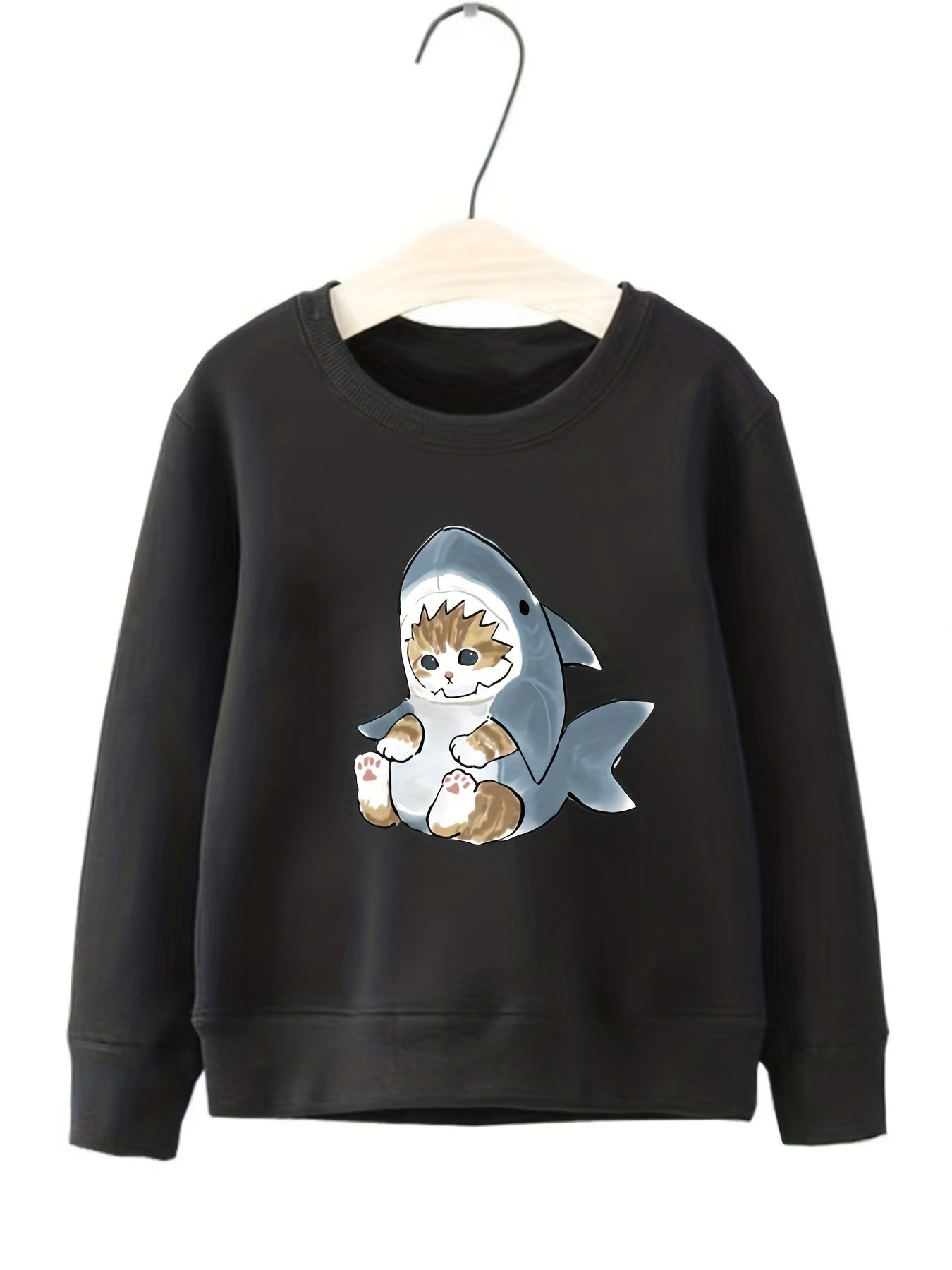 Kitten & Shark Pattern Round Neck Sweatshirt For Girls
