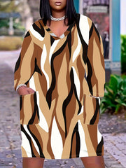Women's Plus Stripe Print Long Sleeve V Neck Dress