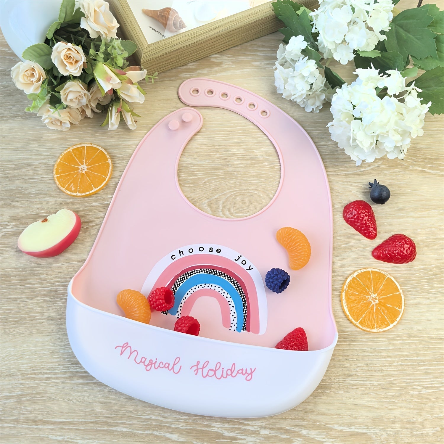 Goldcolin 1pc Silicone Kids Bib Pink Waterproof w/ Rainbow Crown & Space Themes