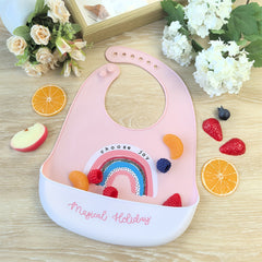 Goldcolin 1pc Silicone Kids Bib Pink Waterproof w/ Rainbow Crown & Space Themes