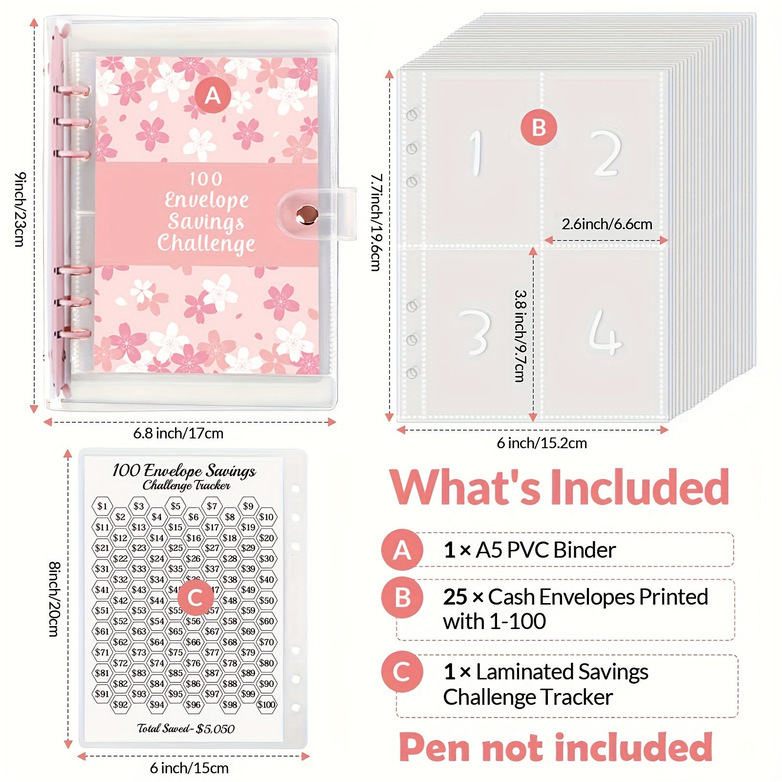 100 Envelopes Money Saving Challenge Binder with Laminated Tracker Sheet