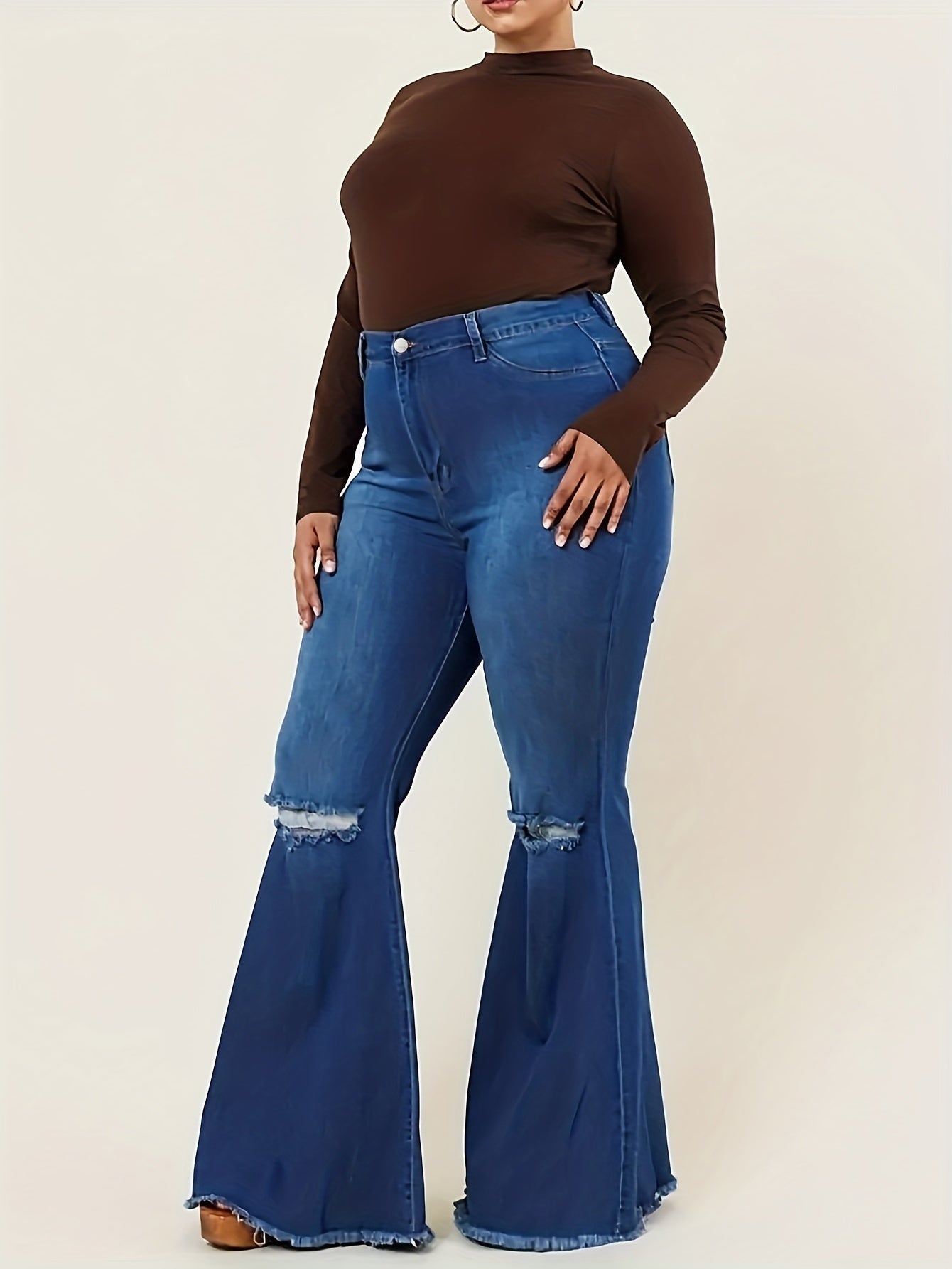  Ripped Button Fly High Rise Flared Leg Jeans