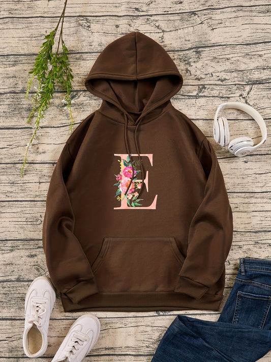 Flower & E Print Pullover Sweatshirt Drawstring Hoodies