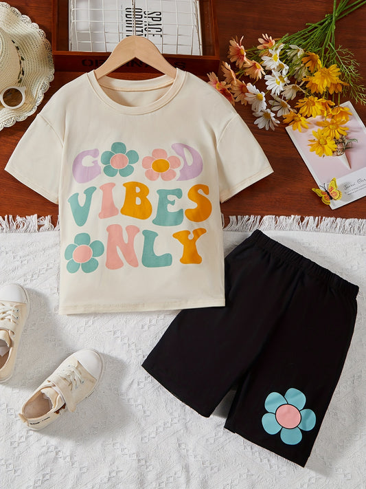 Girls Flower & Letter GOOD VIBES T-Shirt & Shorts Set