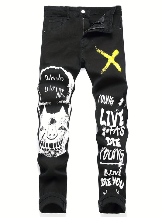 Letter Print Graphic Pattern Slim Fit Jeans Men's Casual Denim Pants