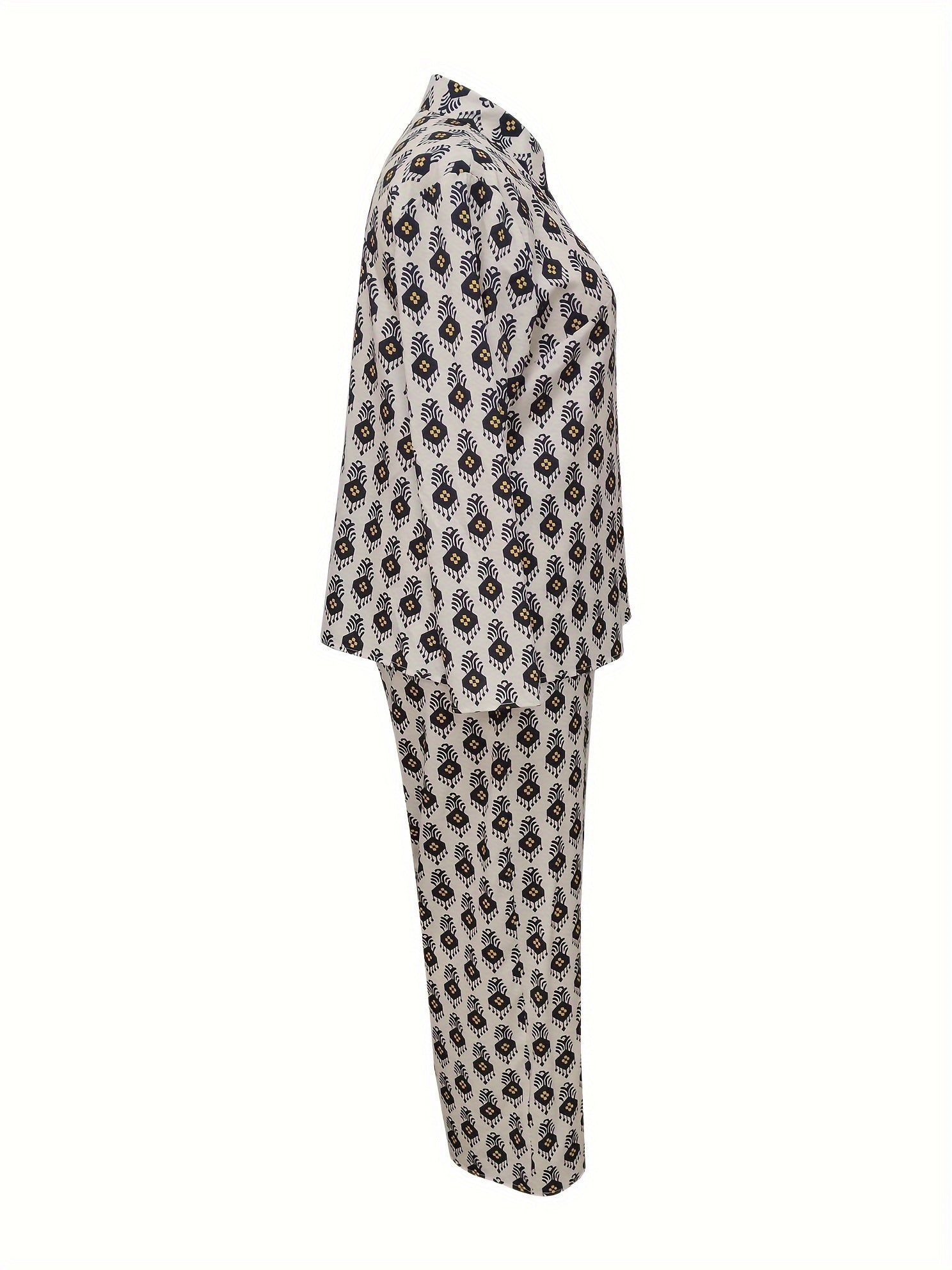  Allover Print Long Sleeve Shirt & Loose Pants Set