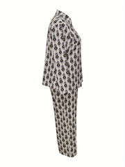  Allover Print Long Sleeve Shirt & Loose Pants Set