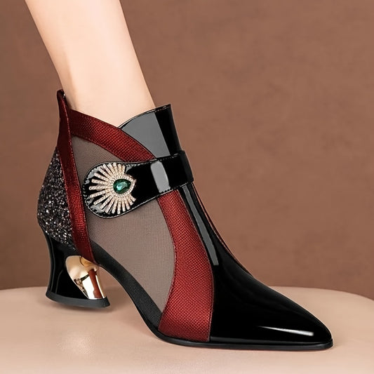 Rhinestone Mesh Ankle Boots French Heel Pointed Toe Sandals