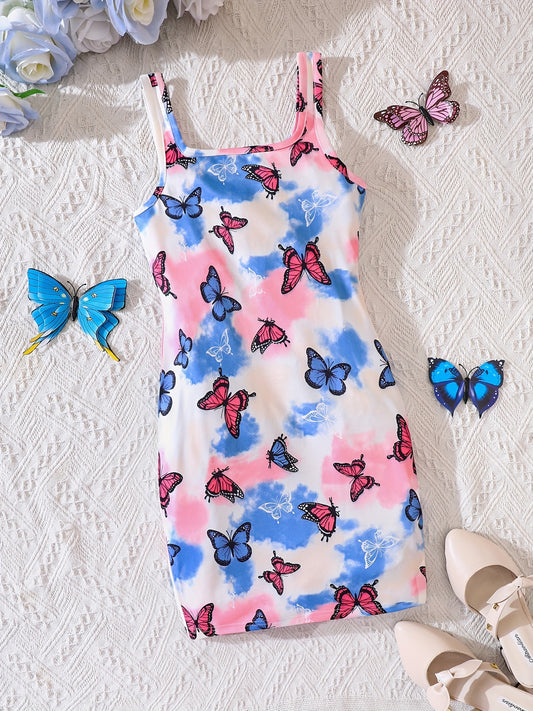 Butterfly Print Square Neck Bodycon Cami Dress for Summer