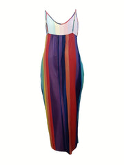  Colorful Stripe Print V Neck Cami Maxi Dress