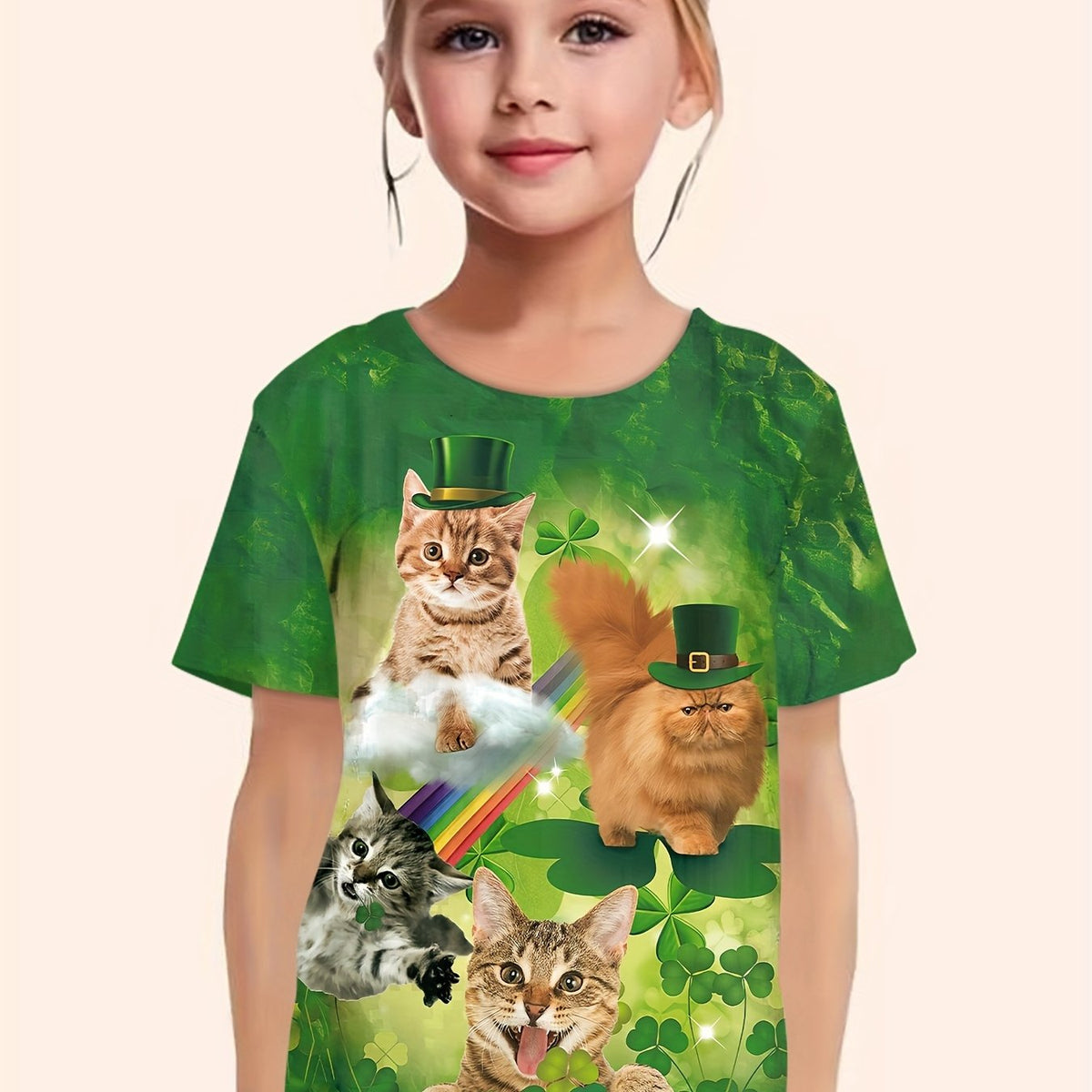 Cat & Shamrock Print Short Sleeved T-Shirt Girls Summer Clothes