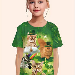Cat & Shamrock Print Short Sleeved T-Shirt Girls Summer Clothes
