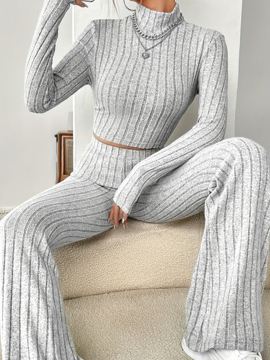 Ribbed Two-Piece Set Funnel Neck Long Sleeve Top & Flared Leg Pants Outfit