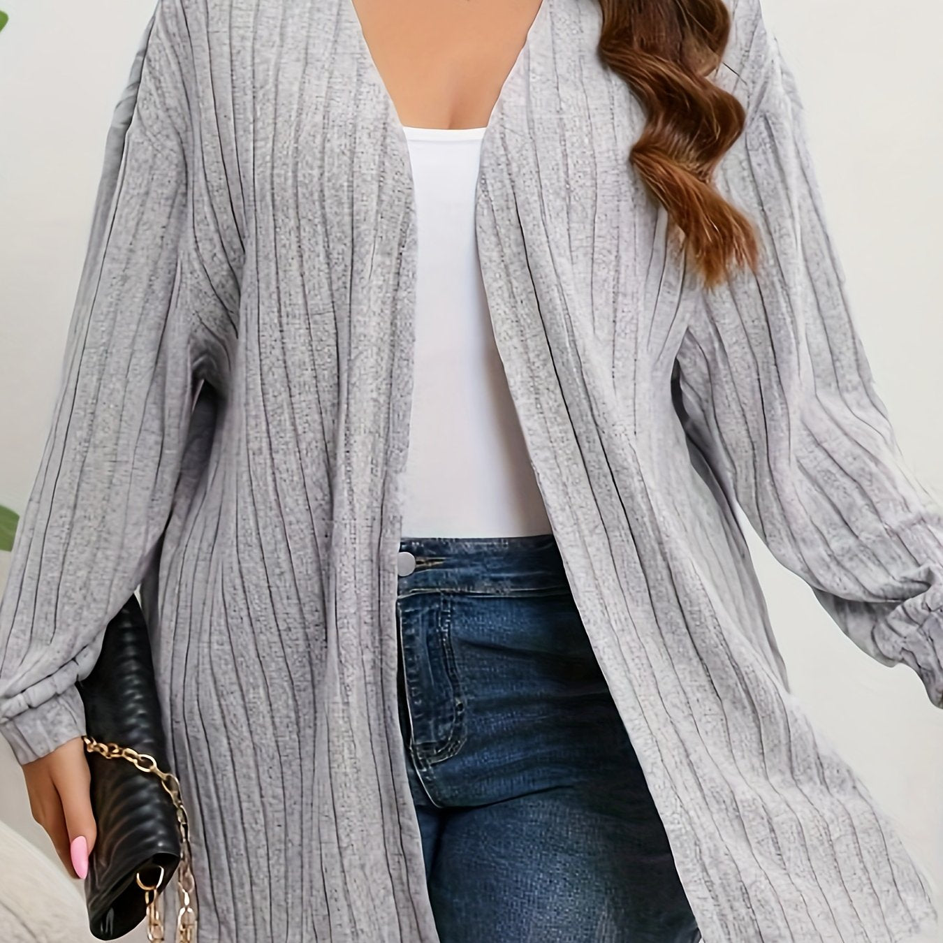  Solid Ribbed Long Sleeve Open Front Cardigan